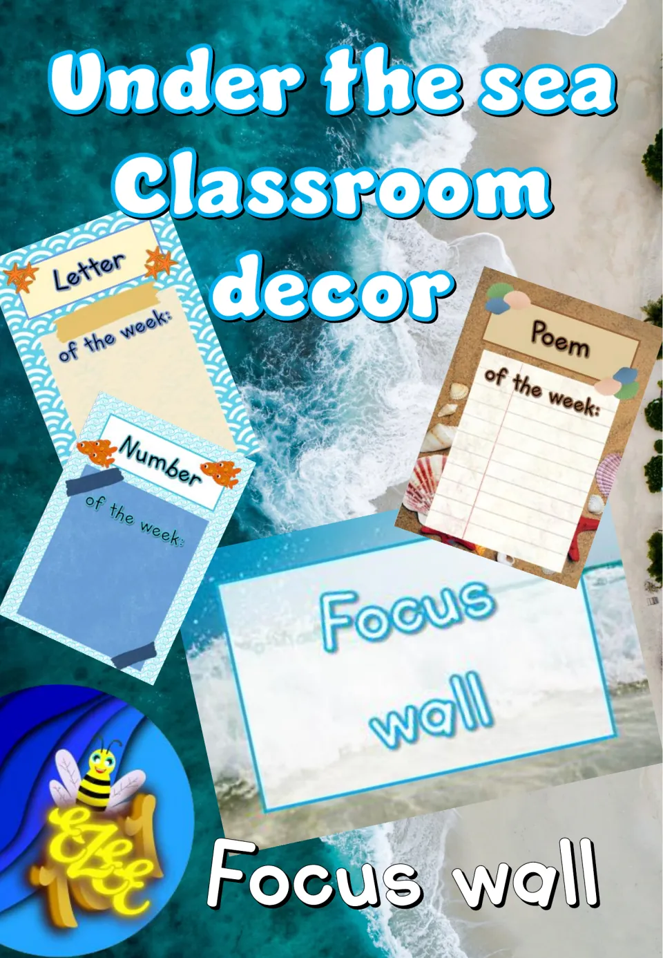 Focus wall classroom decor cover showing sample letter, number, and poem posters plus a focus wall sign