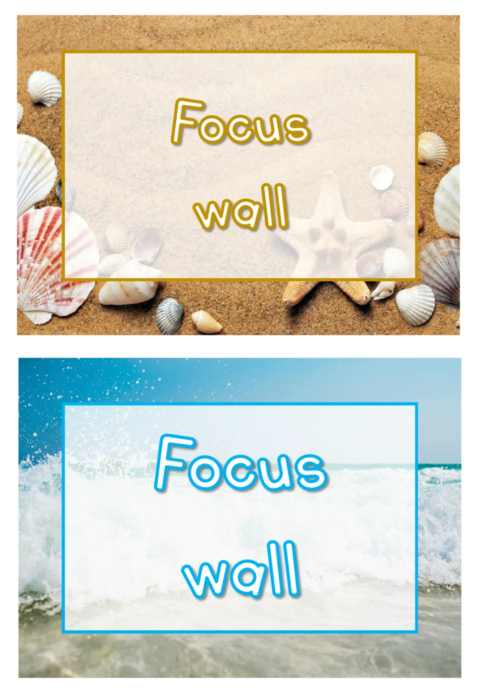 Two signs reading “Focus wall” provide alternative titles for the under-the-sea classroom topic display