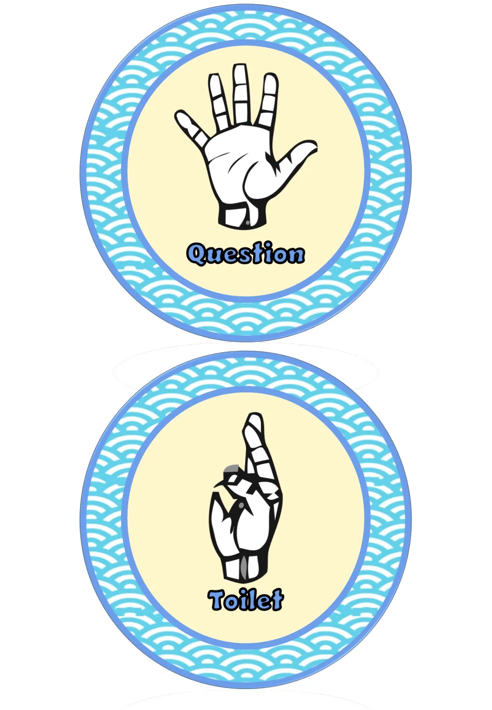 Round wave-pattern signs: open hand with thumb out means Question; crossed index and middle fingers mean Toilet