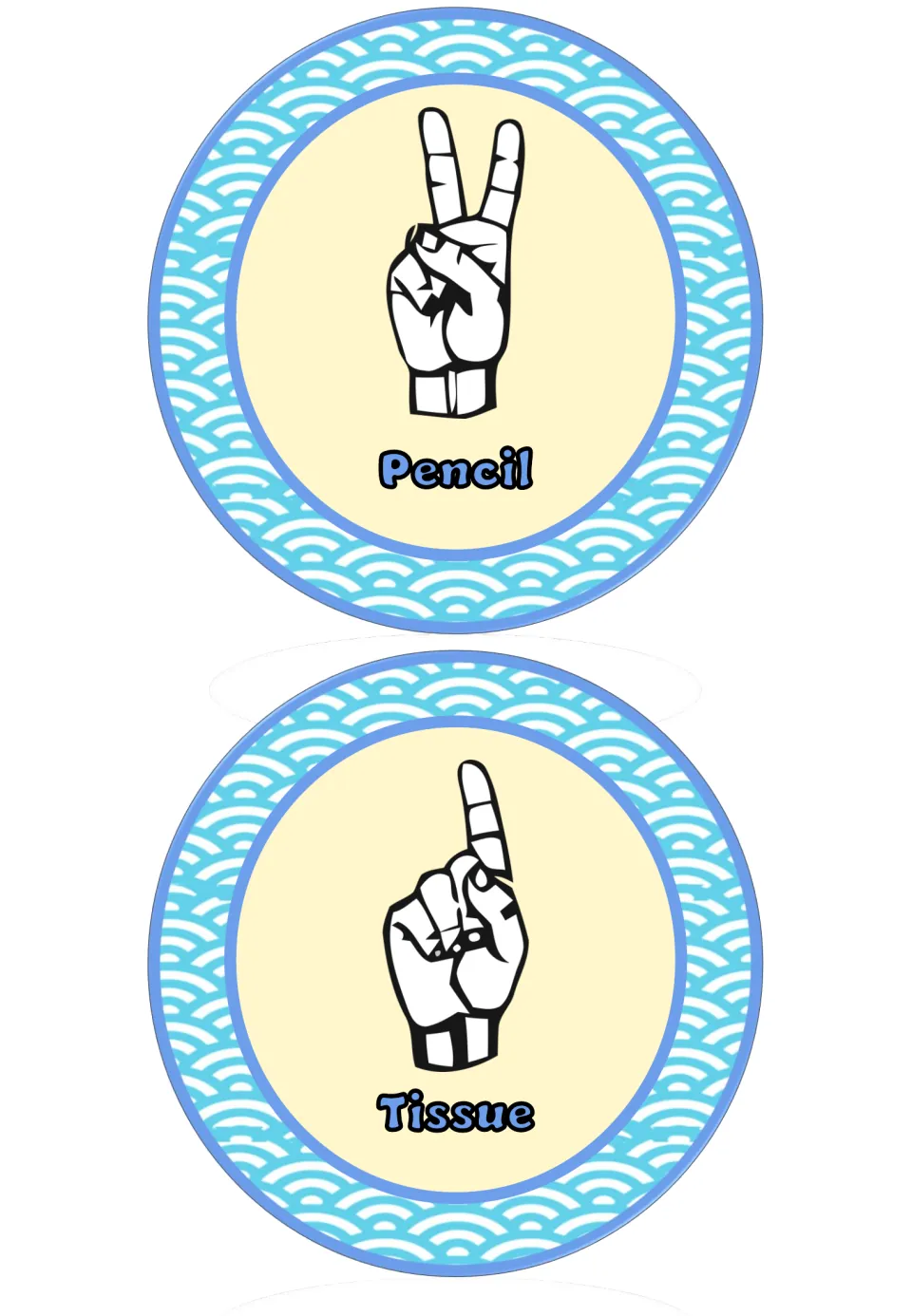 Round wave-pattern signs: two raised fingers in a V mean Pencil; one raised index finger means Tissue