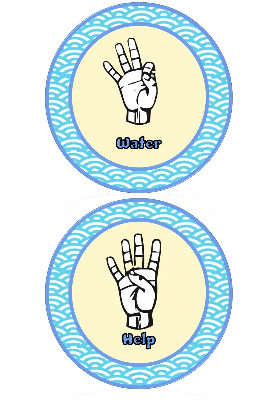 Round wave-pattern signs: three raised fingers mean Water; four raised fingers with the thumb tucked mean Help