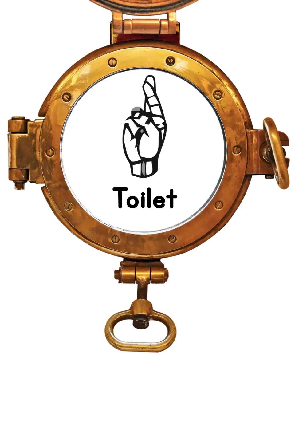 Brass ship porthole sign for Toilet, showing a hand with the index and middle fingers crossed