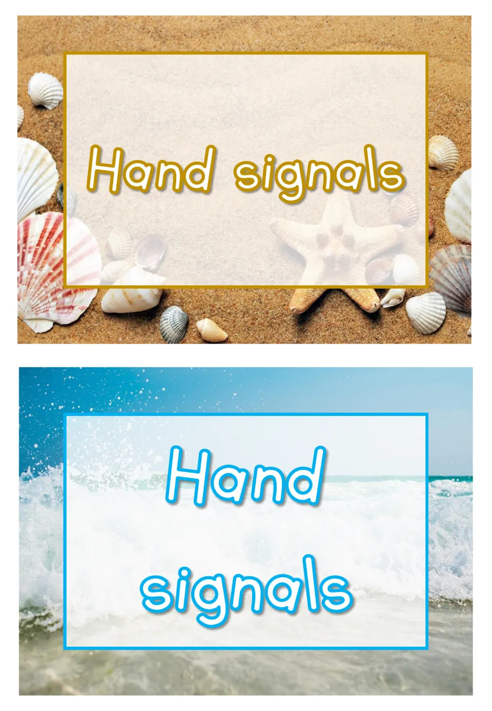Two Hand signals title cards, one on a sandy beach with seashells and a starfish, one over a splashing ocean wave