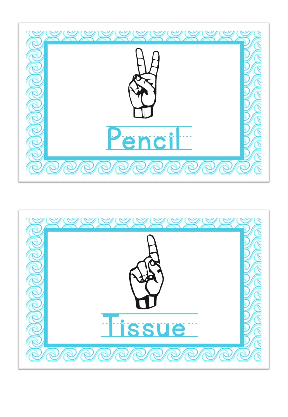 Hand signal cards: Pencil shows two fingers raised in a V shape; Tissue shows a single raised index finger