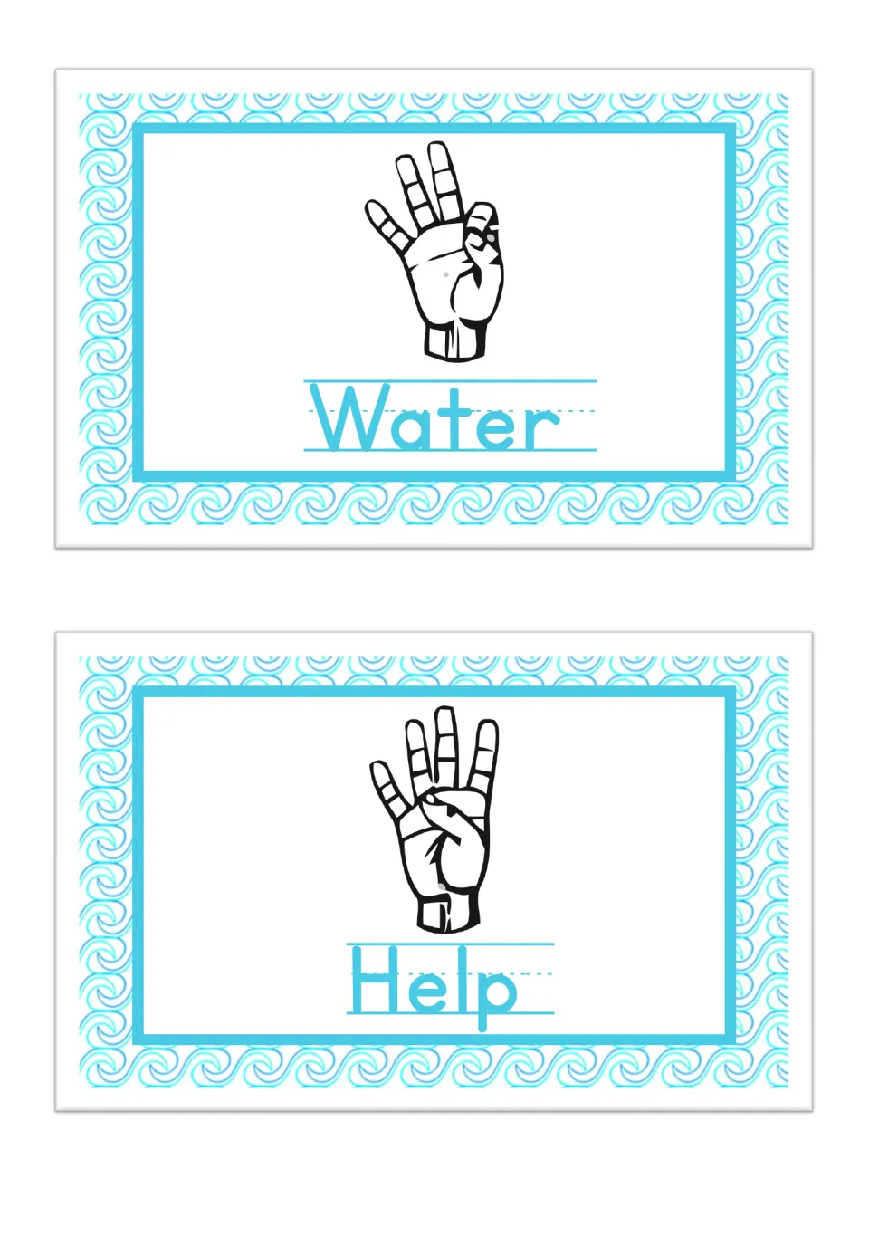 Hand signal cards: Water shows three fingers raised in a W shape; Help shows four fingers up with thumb tucked