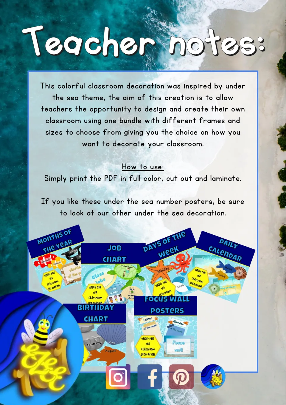 Teacher notes for the ocean-themed number posters explain classroom decoration and printing, cutting, and laminating