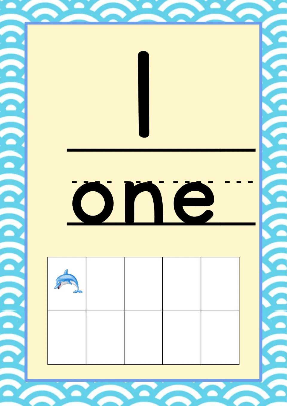 Number 1 classroom poster from the ocean-themed set, pairing the numeral and word 'one' with one dolphin