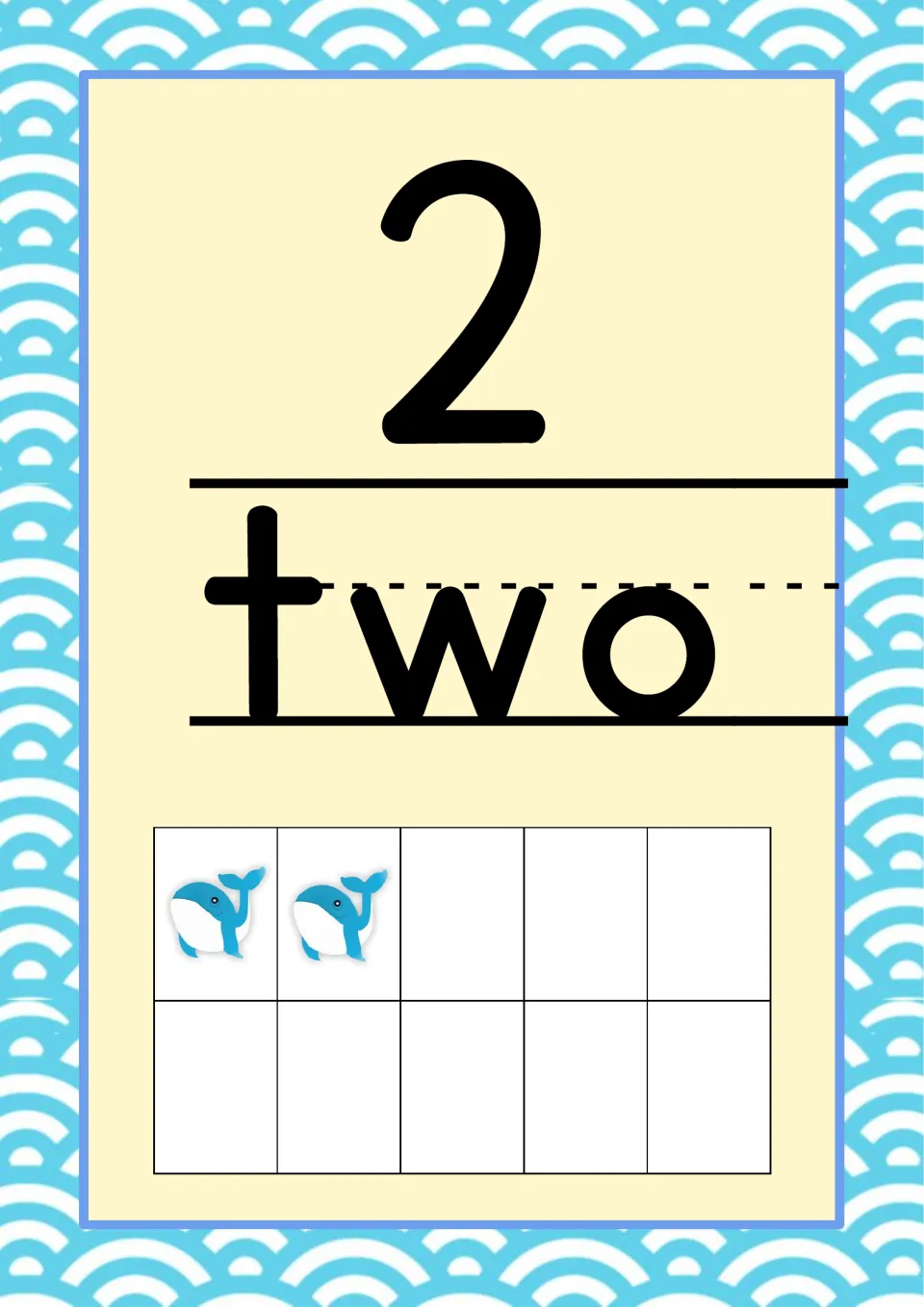 Number 2 classroom poster from the ocean-themed set, pairing the numeral and word 'two' with two whales