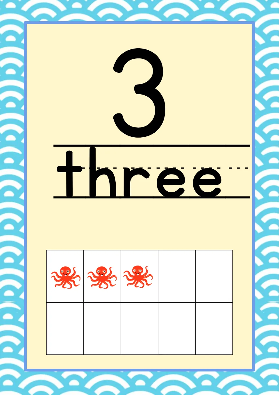 Number 3 classroom poster from the ocean-themed set, pairing the numeral and word 'three' with three octopuses