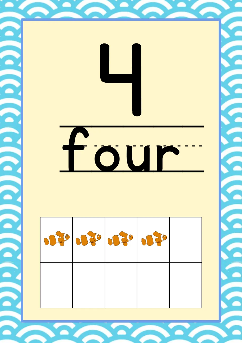 Number 4 classroom poster from the ocean-themed set, pairing the numeral and word 'four' with four clownfish