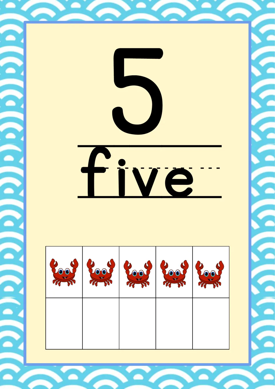 Number 5 classroom poster from the ocean-themed set, pairing the numeral and word 'five' with five crabs