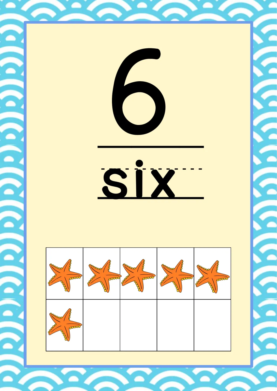 Number 6 classroom poster from the ocean-themed set, pairing the numeral and word 'six' with six starfish