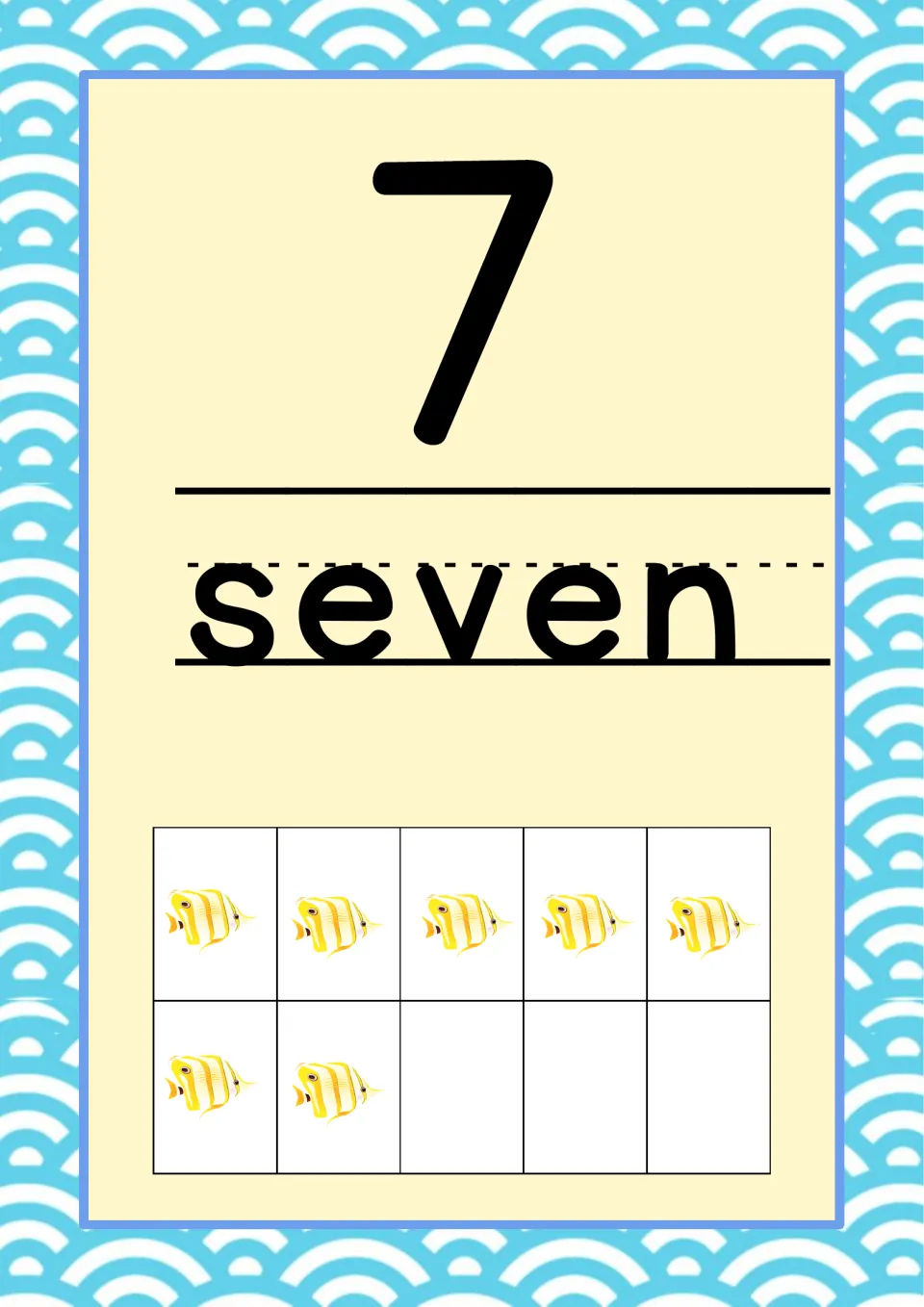 Number 7 classroom poster from the ocean-themed set, pairing the numeral and word 'seven' with seven yellow fish