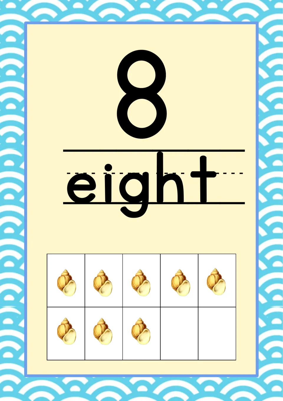 Number 8 classroom poster from the ocean-themed set, pairing the numeral and word 'eight' with eight seashells