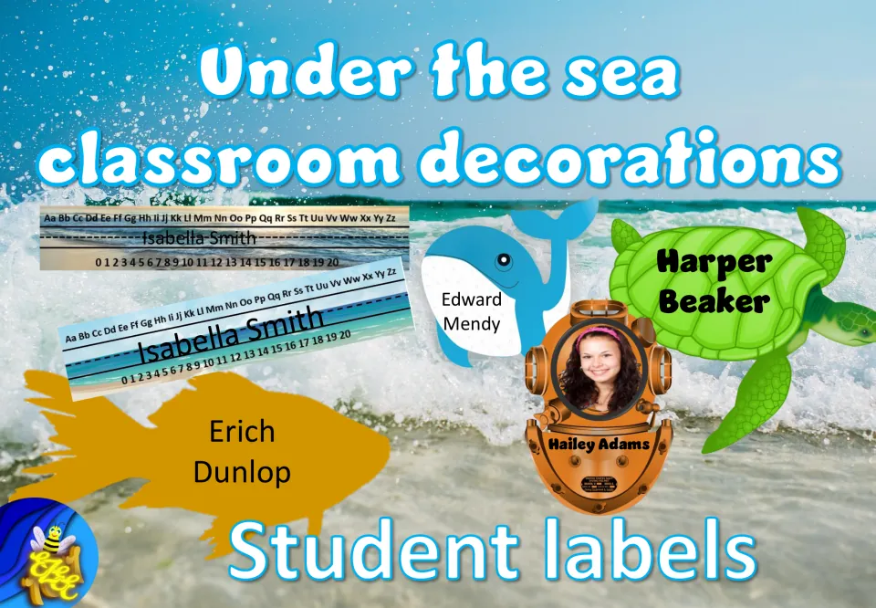 Under the sea classroom decorations cover: student name labels on desk strips, a fish, whale, sea turtle and diving helmet