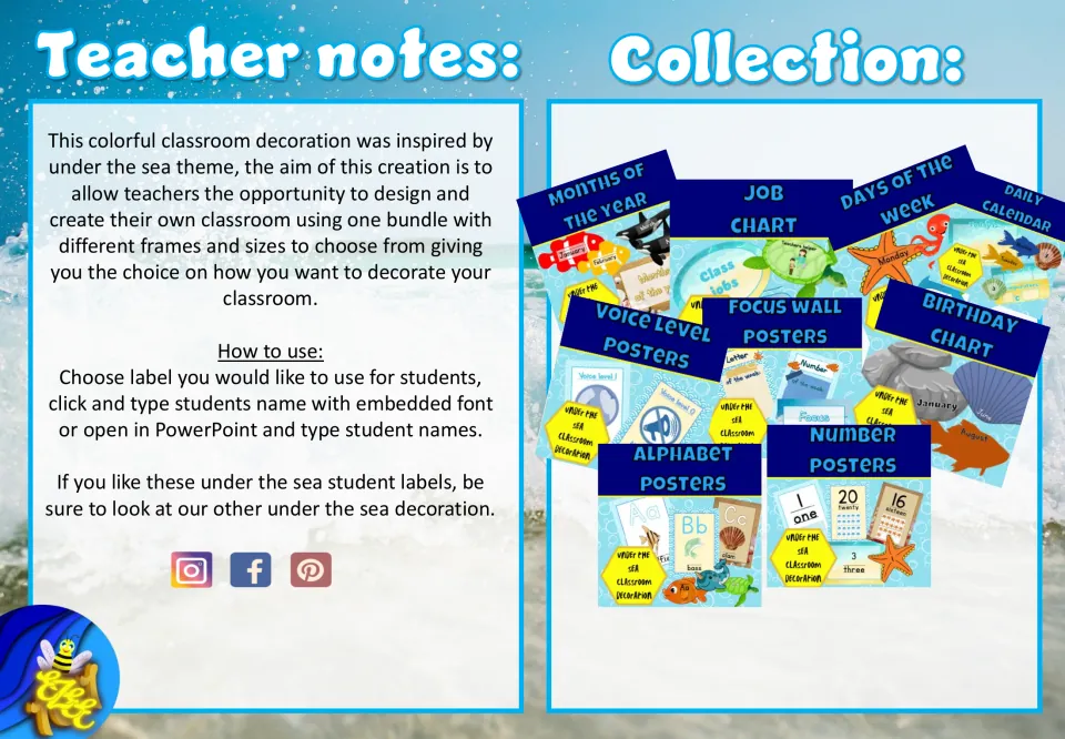 Teacher notes on typing student names into the labels or in PowerPoint, beside a collection of matching ocean decor sets