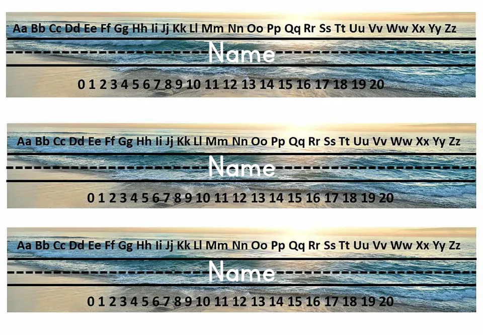 Beach name strips with an editable Name, the alphabet Aa to Zz and a 0 to 20 number line, three to a page for student desks