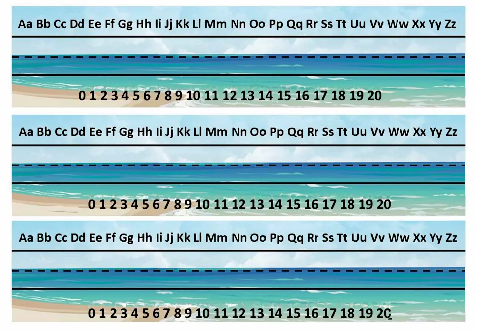 Blank ocean desk strips showing upper and lowercase alphabet and numbers 0 to 20, with space to handwrite a name