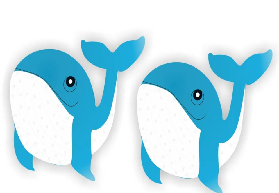 Two large smiling blue whale cut-outs with white bellies left blank for writing or typing a student's name
