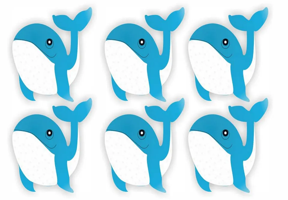 Six smaller blue whale name labels to cut out, each with a white belly where a student's name goes