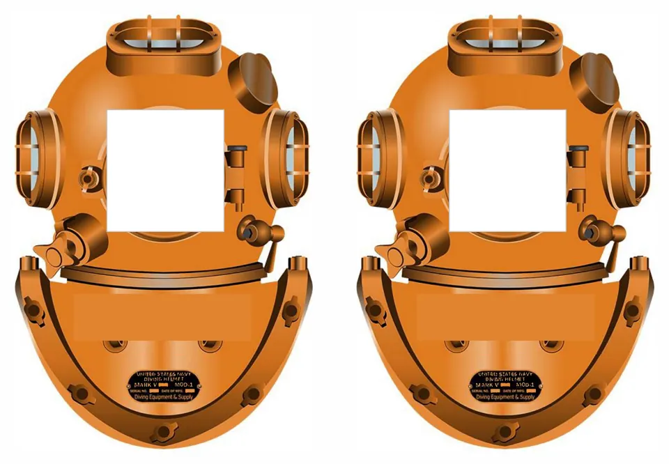Two orange diving helmet cut-outs with a square window for a student photo and a blank nameplate below it