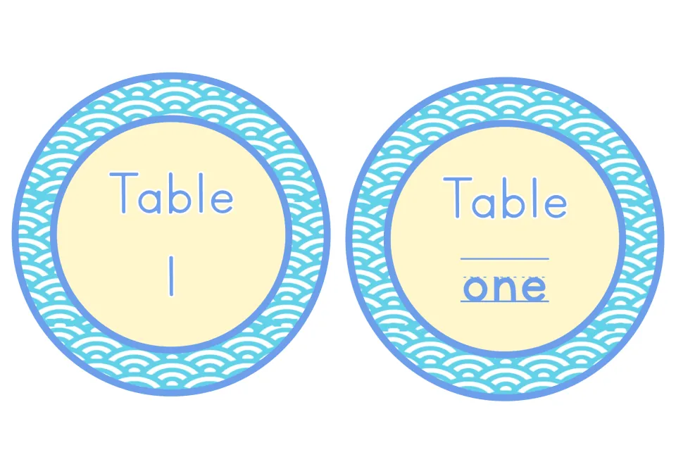 Table 1 signs: two round wave-pattern labels, one with the numeral 1 and one with the word one on a handwriting line