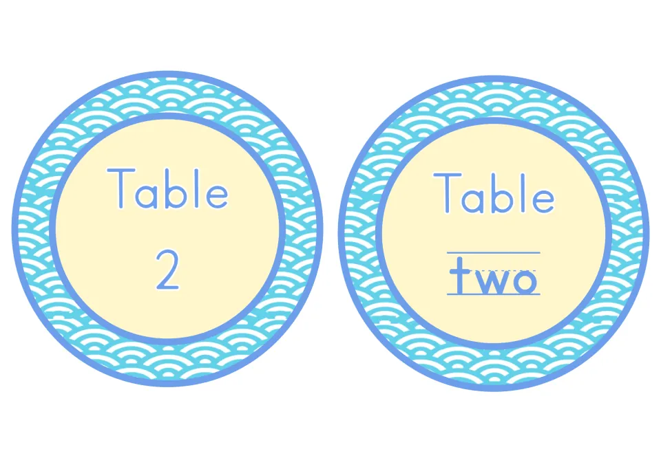 Table 2 signs in a blue wave design: one round label shows the numeral 2, the other spells out two on a handwriting line