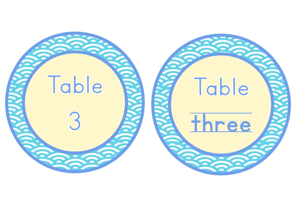 Table 3 labels: a pair of ocean-wave circles, the first marked with the digit 3 and the second with the number word three