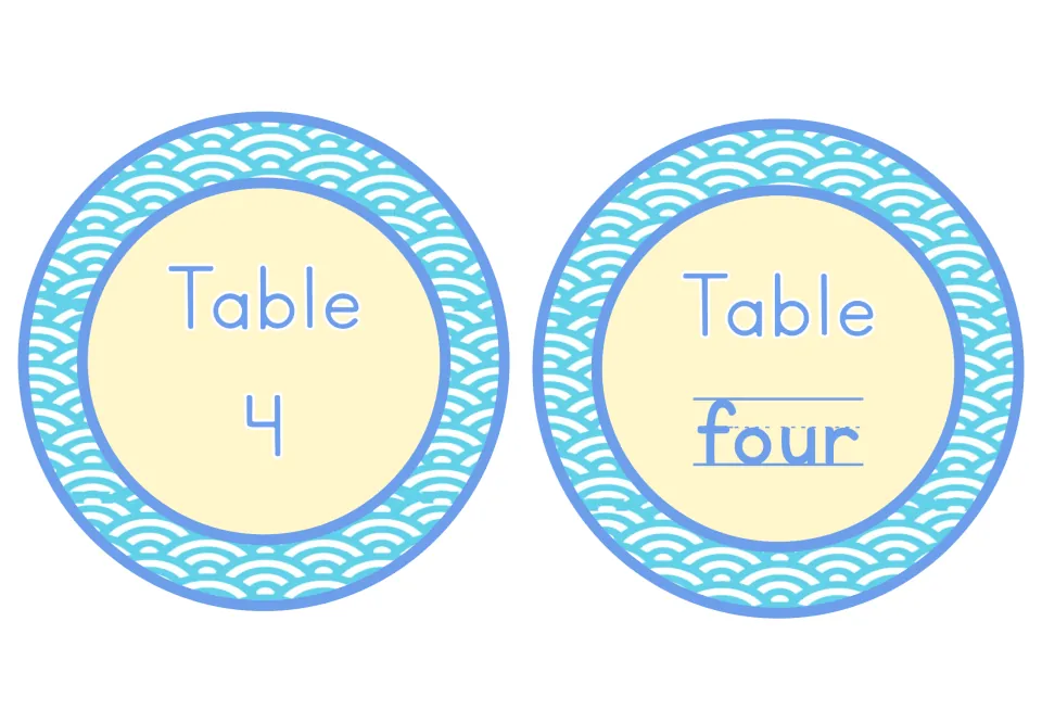 Table 4 markers: two round ocean signs, one giving the digit 4 and one giving the word four in print on a writing line