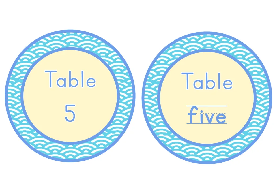 Table 5 circles in a blue wave pattern, pairing the numeral 5 on one sign with the spelled word five on the other