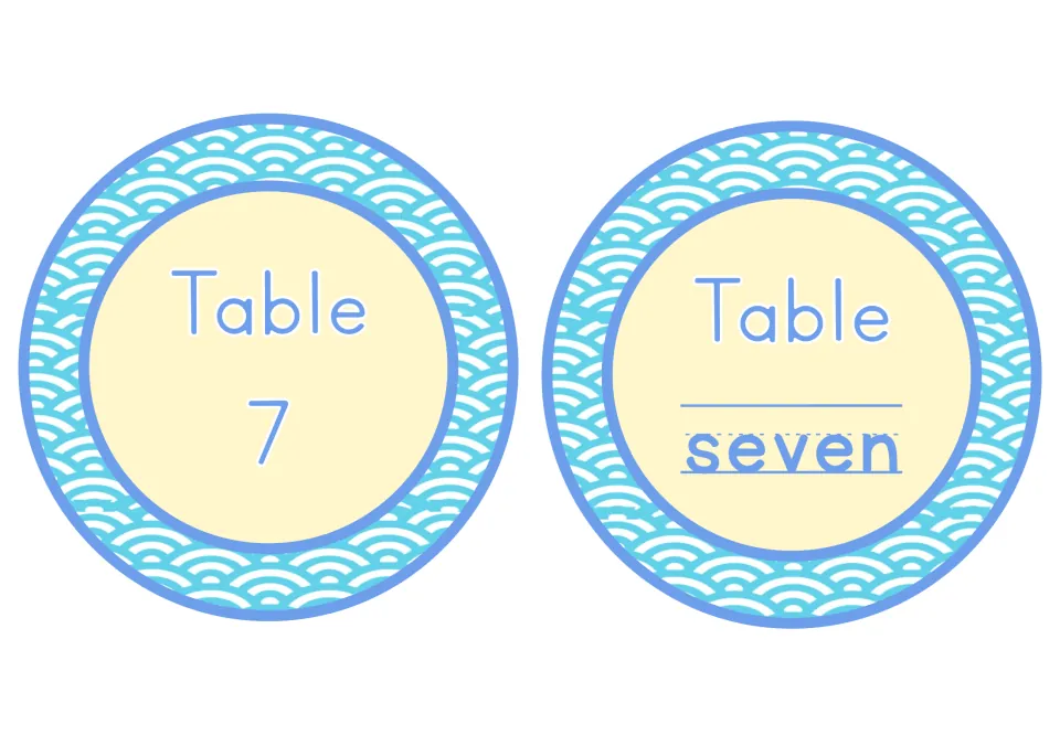 Table 7 labels: two circular ocean signs, one displaying the numeral 7 and one displaying the word seven in print letters