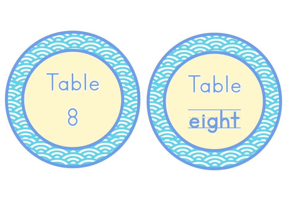 Table 8 signs: matching round wave-pattern labels, the left with the numeral 8 and the right with the word eight spelled out