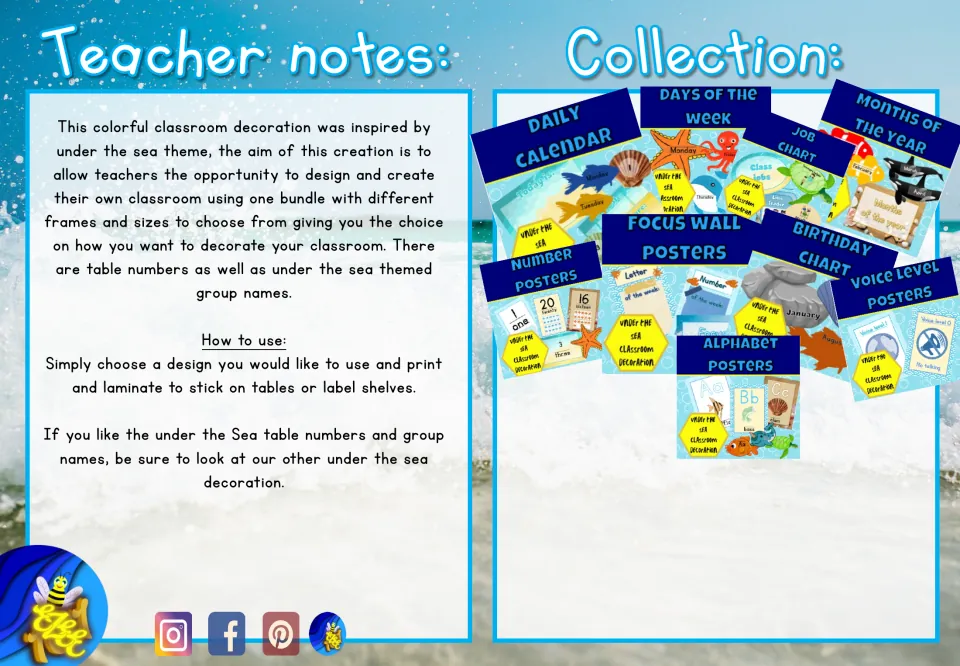 Teacher notes for the undersea table labels explain choosing a design, printing, and laminating for classroom use