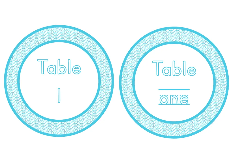 Table 1 and Table one labels from the undersea classroom decor set, pairing the numeral with its number word