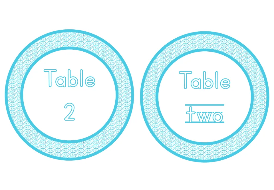 Table 2 and Table two labels from the undersea classroom decor set, pairing the numeral with its number word