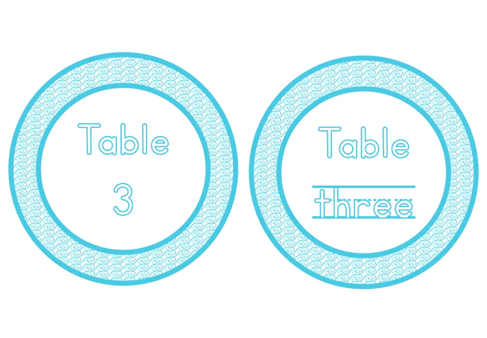 Table 3 and Table three labels from the undersea classroom decor set, pairing the numeral with its number word