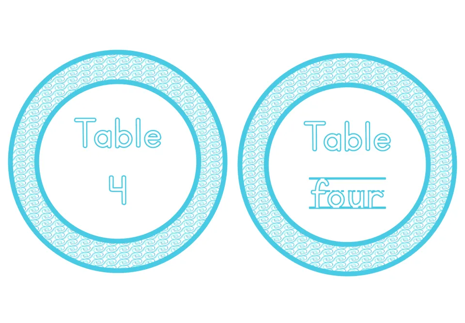 Table 4 and Table four labels from the undersea classroom decor set, pairing the numeral with its number word