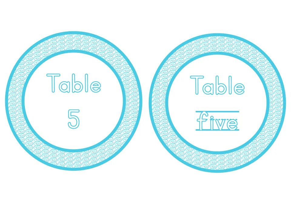 Table 5 and Table five labels from the undersea classroom decor set, pairing the numeral with its number word
