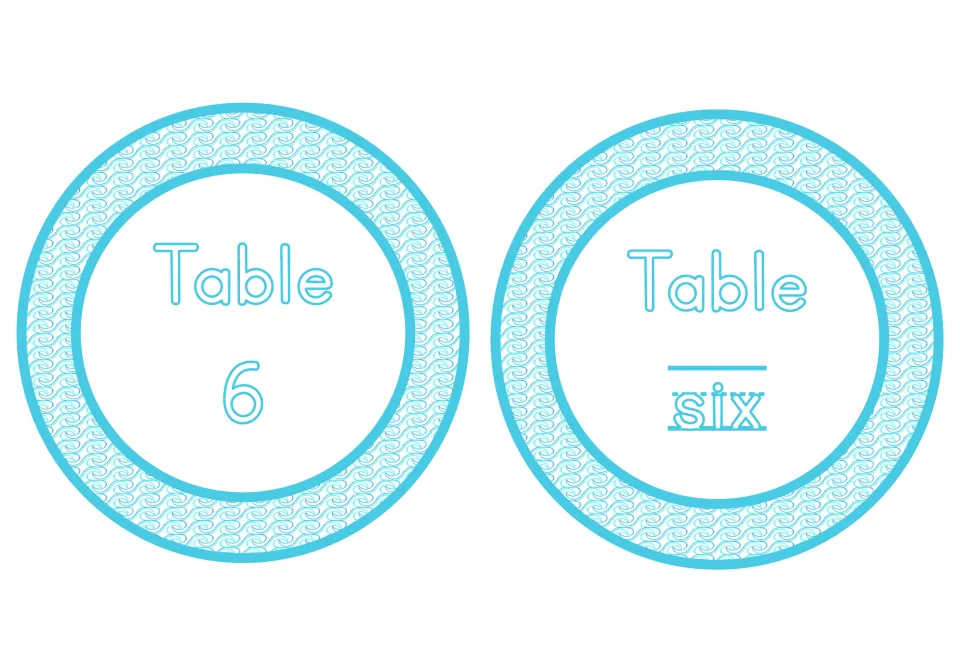 Table 6 and Table six labels from the undersea classroom decor set, pairing the numeral with its number word