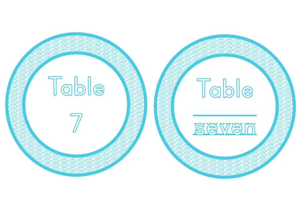 Table 7 and Table seven labels from the undersea classroom decor set, pairing the numeral with its number word