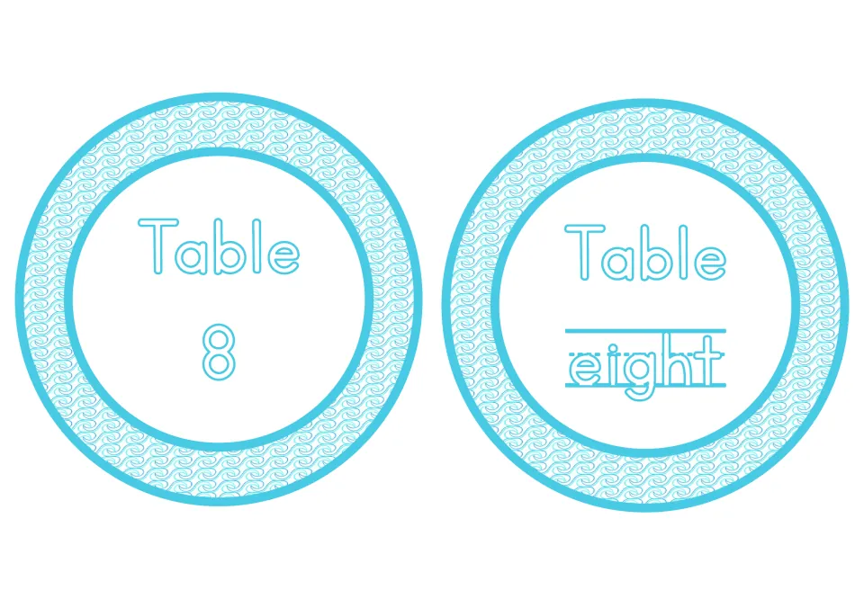 Table 8 and Table eight labels from the undersea classroom decor set, pairing the numeral with its number word