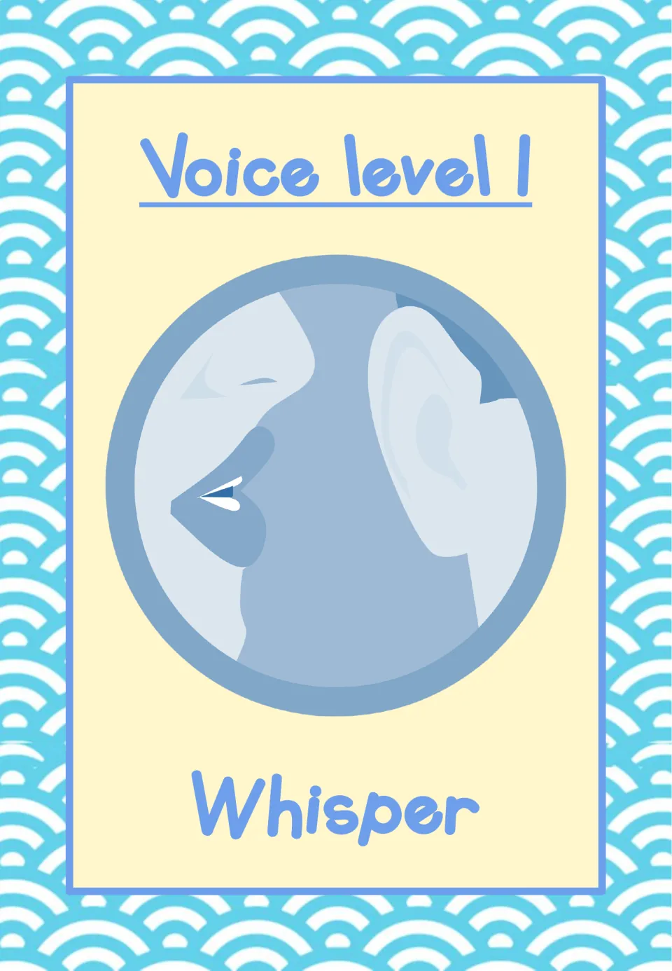 Classroom voice-level poster labeled 'Voice level 1' and 'Whisper', showing a mouth speaking toward an ear