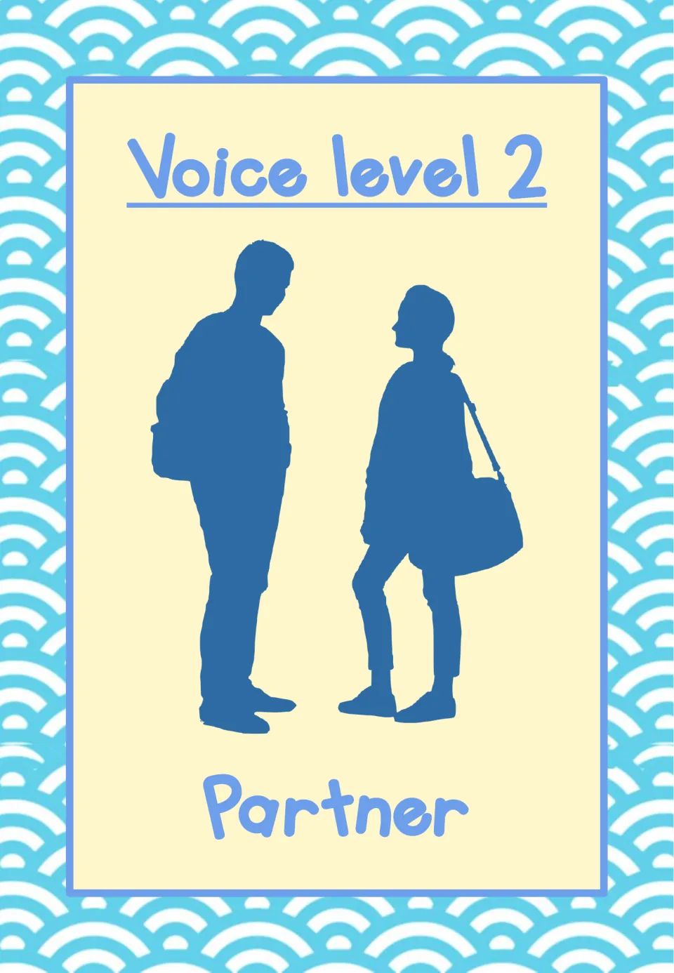 Classroom voice-level poster labeled 'Voice level 2' and 'Partner', showing two people facing each other