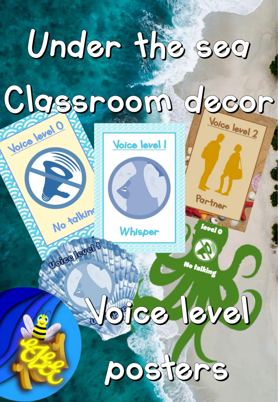Cover of the under-the-sea classroom voice-level poster set, showing no talking, whisper, and partner examples