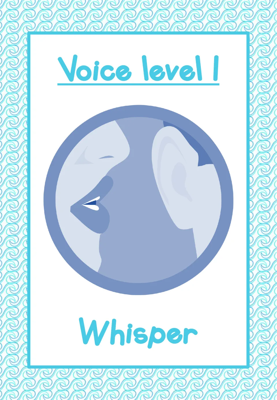 Voice-level poster labeled 'Voice level 1' and 'Whisper', showing a mouth near an ear as the visual cue
