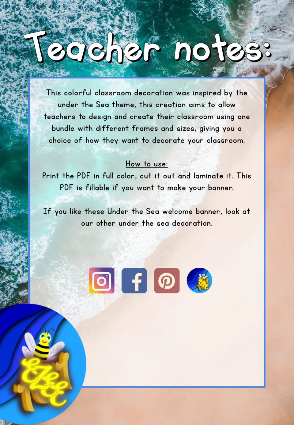 Teacher notes for the welcome banner explain printing in full color, cutting, laminating, and using the fillable PDF