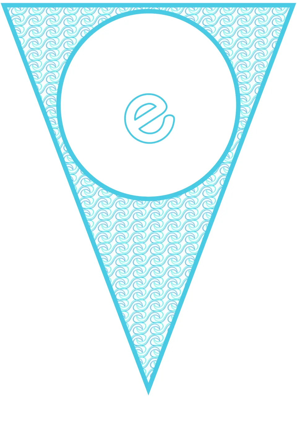 Lowercase e on a single triangular pennant, the second letter of the ocean-themed classroom welcome banner