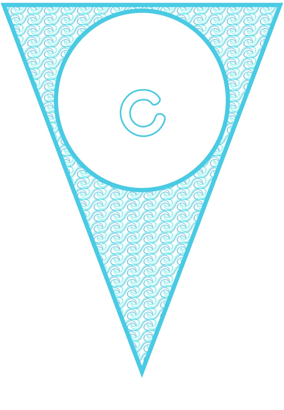 Lowercase c on a single triangular pennant, the fourth letter of the ocean-themed classroom welcome banner