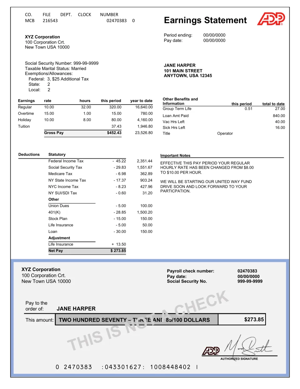 Sample earnings statement for Jane Harper: hourly earnings, $452.43 gross pay, tax and other deductions, $273.85 net pay