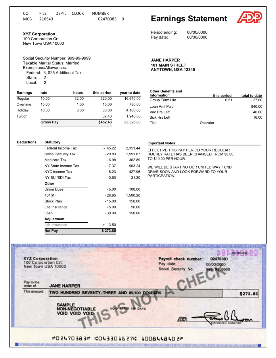 Earnings statement for Jane Harper with a realistic check marked sample, non-negotiable and void, for $273.85